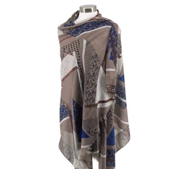 Regina Schrecker Womens Oversized Viscose Scarf Abstract Print Tans Blue New - Picture 1 of 10